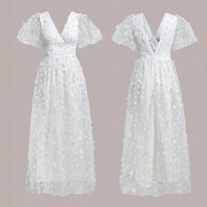 Shein Summer Wedding Dress Butterfly Sleeves Appliques Small US 4